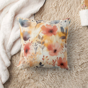 Coral and Smoky Blue Modern Art Flowers Cushion
