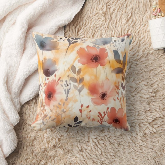 Coral and Smoky Blue Modern Art Flowers Cushion (Blanket)