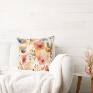 Coral and Smoky Blue Modern Art Flowers Cushion