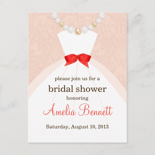 Coral and Taupe Damask Bridal Shower Invitation (Front)