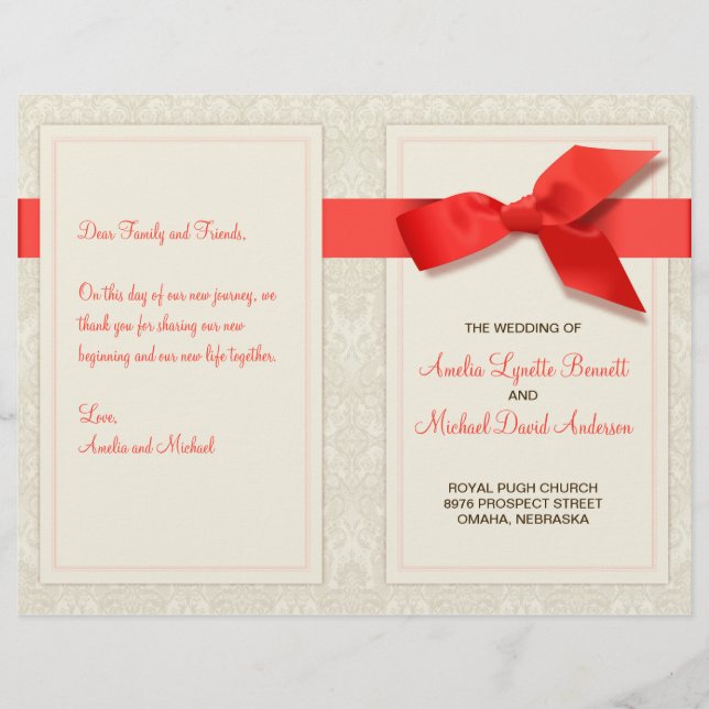 Coral and Taupe Damask Wedding Program (Front)