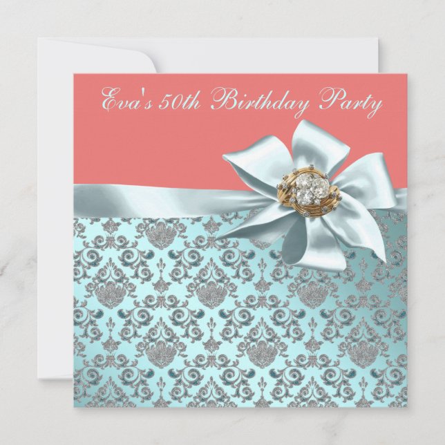 Coral and Teal Blue Damask 50th Birthday Party Invitation (Front)