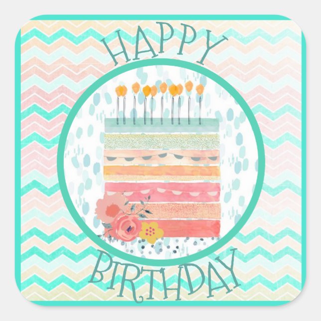 Coral and Teal Cake Happy Birthday Party Stickers (Front)