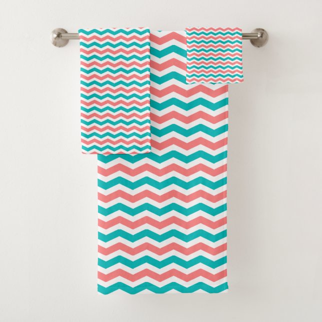 Coral and Teal Chevron Bath Towel Set (Insitu)