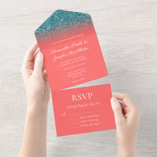 Coral and Teal Ombre Glitter Wedding All In One Invitation