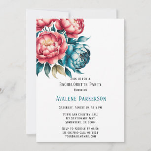 Coral and Teal Peonies Gold Bachelorette Party Invitation