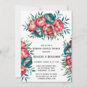 Coral and Teal Peonies Gold Wedding Couples Shower Invitation