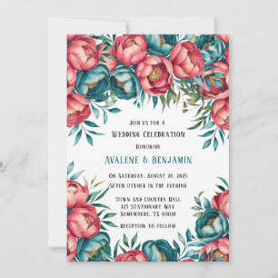 Coral and Teal Peonies Gold Wedding Invitation