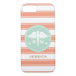 CORAL AND TEAL STRIPE CADUCEUS NURSE RN iPhone 8/7 CASE