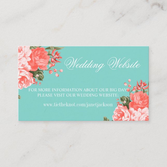 Coral and Teal Wedding Flower -  Wedding Website Enclosure Card (Front)