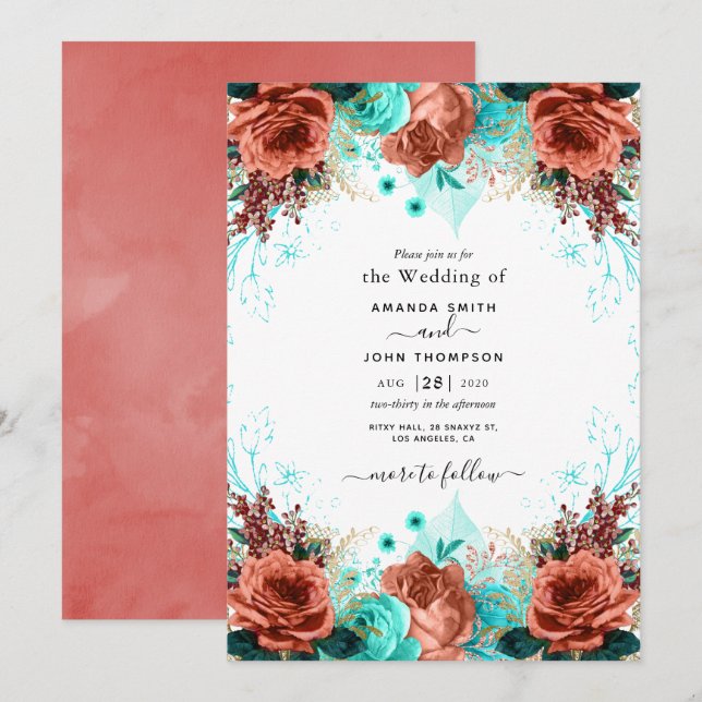 Coral and Teal Wedding Invitation (Front/Back)