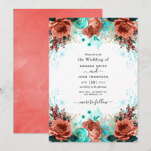 Coral and Teal Wedding Invitation