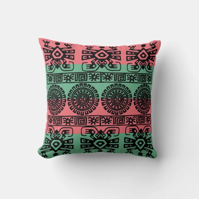Coral and Turquoise Aztec Pattern Pillow (Front)
