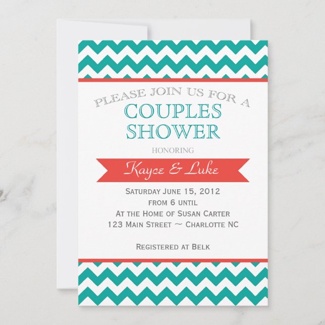Coral and turquoise Chevron Shower Invitation (Front)