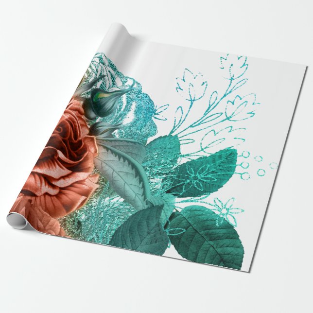 Coral and Turquoise Floral Wrapping Paper (Unrolled)