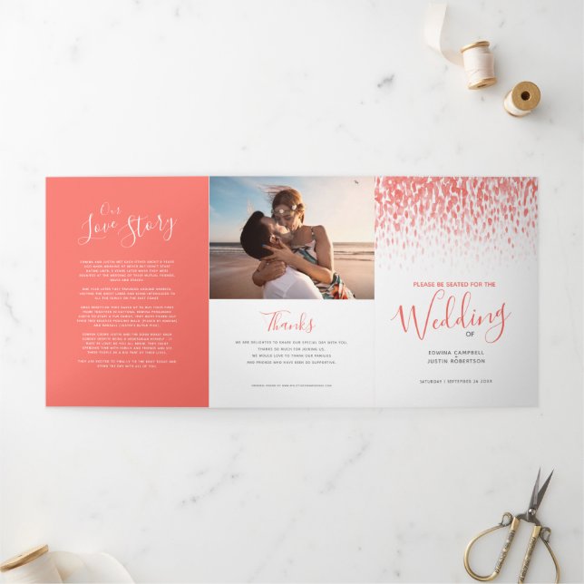 Coral and white abstract art wedding ceremony Tri-Fold programme (Outside)