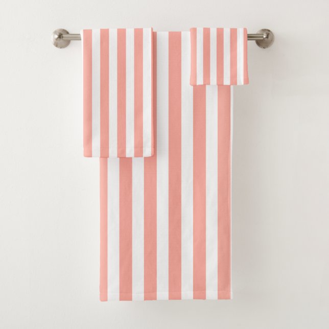 Coral and white candy stripes bath towel set (Insitu)