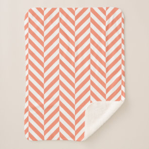 Coral and White Geometric Herringbone Pattern Sherpa Blanket