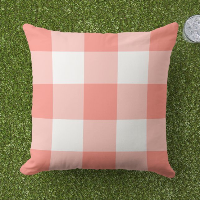 Coral and White Gingham Plaid Pattern Cushion (Grass)