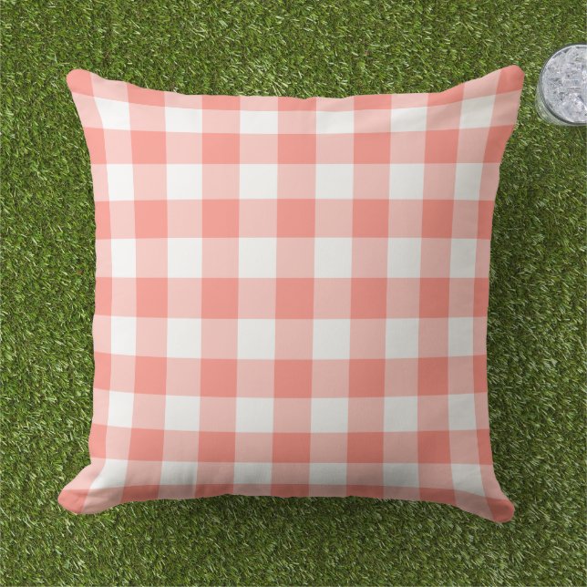 Coral and White Gingham Plaid Pattern Cushion (Grass)