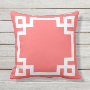 Coral and White Greek Key Border Outdoor Cushion