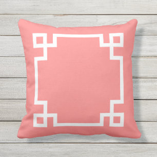 Coral and White Greek Key Outdoor Cushion