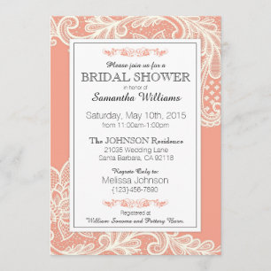 Coral and White Lace Bridal Shower Invitation
