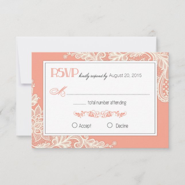 Coral and White Lace Elegant RSVP Card (Front)