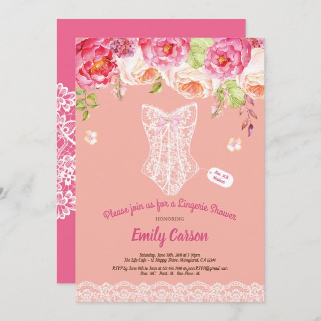 Coral and white lace lingerie shower bridal party invitation (Front/Back)