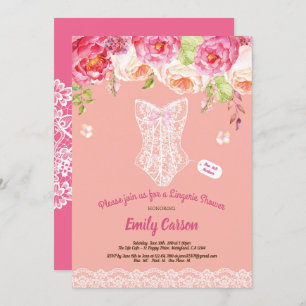 Coral and white lace lingerie shower bridal party invitation
