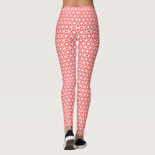 Coral and White Lattice Star Pattern Leggings