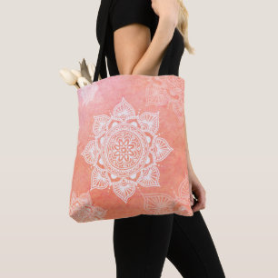 Coral and white mandalas tote bag