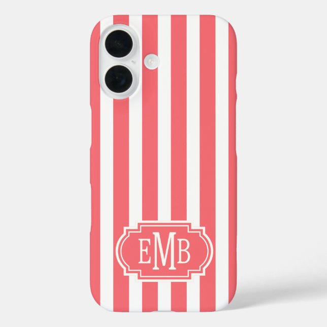 Coral and White Monogrammed Stripes Case-Mate iPhone Case (Back)