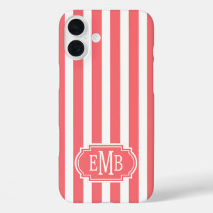 Coral and White Monogrammed Stripes iPhone 16 Plus Case