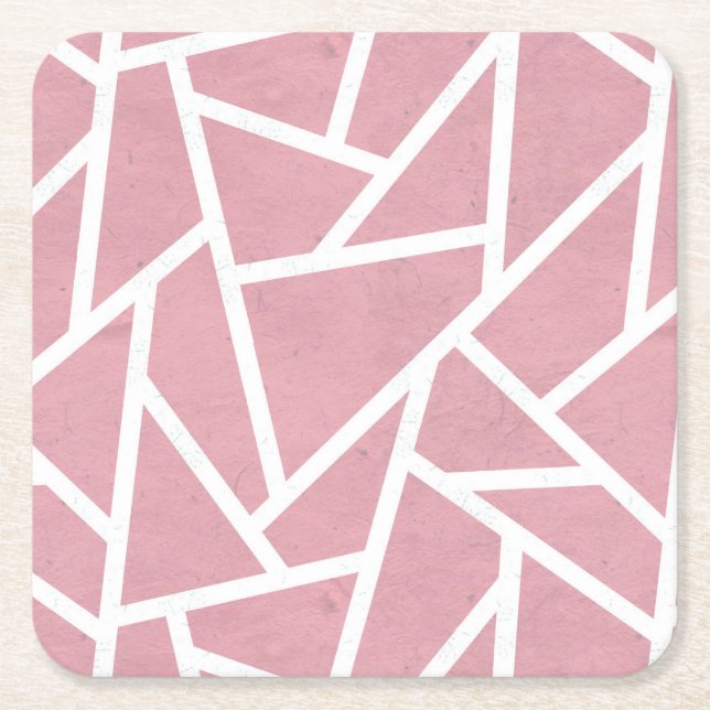 Coral and white mosaic pattern square paper coaster (Front)