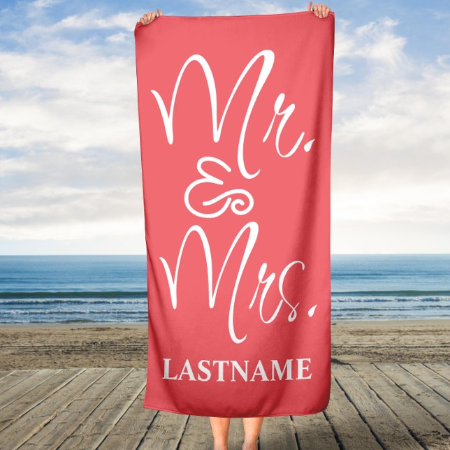 Coral and White Mr. and Mrs. Monogram Beach Towel (Creator Uploaded)