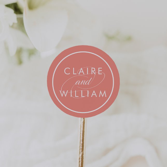 Coral and White Personalised Wedding Classic Round Sticker (Creator Uploaded)