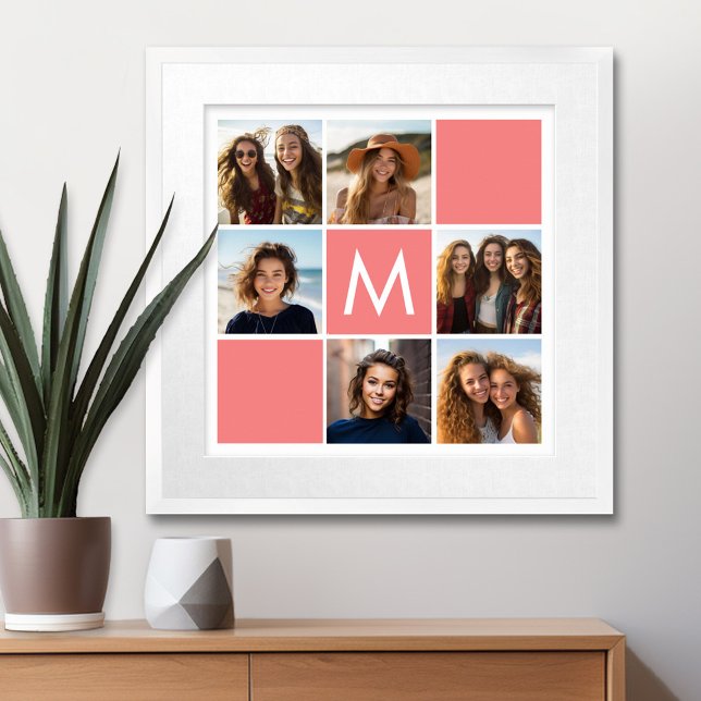 Coral and White Photo Collage Custom Monogram Poster (Custom Poster with Photo Collage)