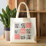 Coral and White Photo Collage Custom Monogram Tote Bag<br><div class="desc">You can use Instagram photos for this design. Use 6 square photos to create a unique and personal gift. Or you can keep the hipster puppy and make a trendy keepsake. If you need to adjust the pictures,  click on the customise tool to make changes.</div>