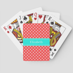 Coral and White Polka Dots Brt Aqua Name Monogram Playing Cards