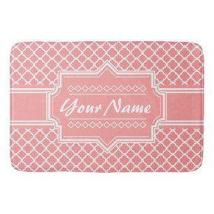 Coral and White Quatrefoil Lattice Personalized Bath Mat
