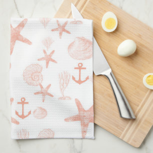 Coral and White Seashell Tea Towel