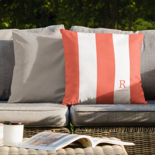 Coral and White Stripes Monogram Summer Outdoor Cushion