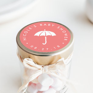 Coral and White Umbrella Baby Shower Classic Round Sticker