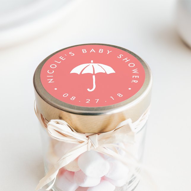 Coral and White Umbrella Baby Shower Classic Round Sticker (Creator Uploaded)