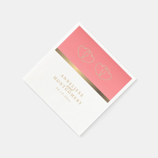 Coral and White with Gold Hearts Napkin (Corner)