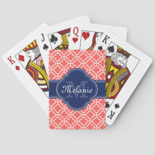 Coral and Wht Moroccan Pattern Navy Monogram Playing Cards