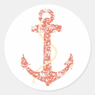 Coral and Yellow Anchor Beach Wedding Classic Round Sticker