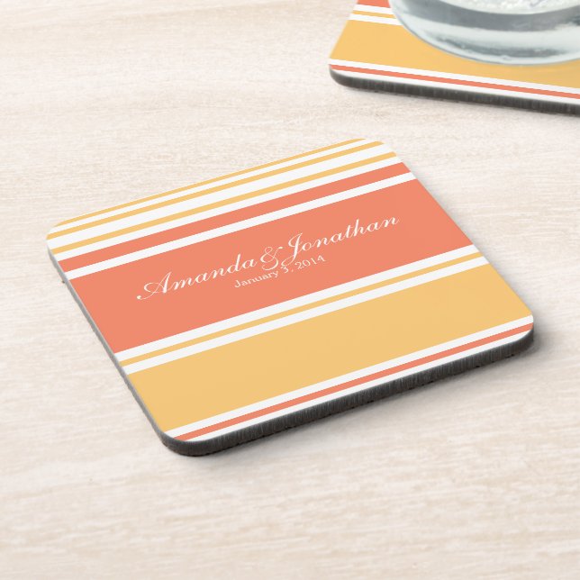 Coral and Yellow Modern Stripes Wedding Coaster (Left Side)