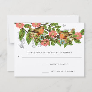 Coral Apple Aqua Vintage Birds Wedding Invitation